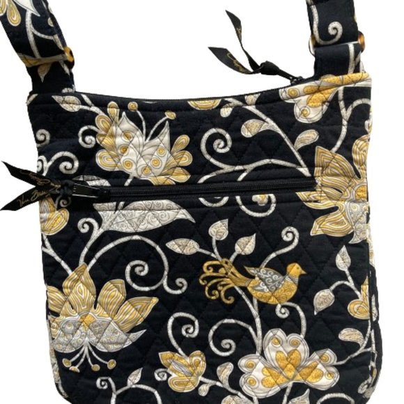 GIFT? Vera Bradley Quilted Crossbody Yellow Birds/Flowers on Black, Lined, OS - Picture 3 of 7